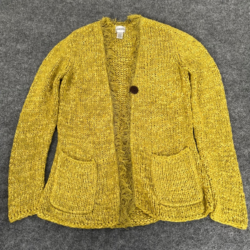 Chicos Chartreuse Yellow Fringe Trim Knit Cardigan Sweater Size 1 M Pockets
